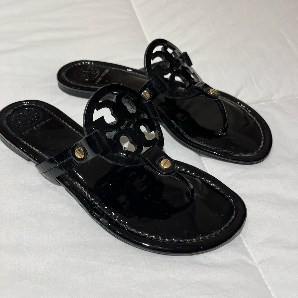 Tory Burch Miller Black Patent Logo Sandals